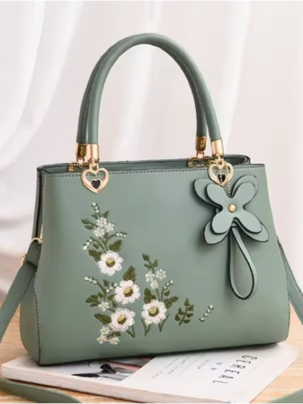 Elegant Sage Green Floral Tote Handbag